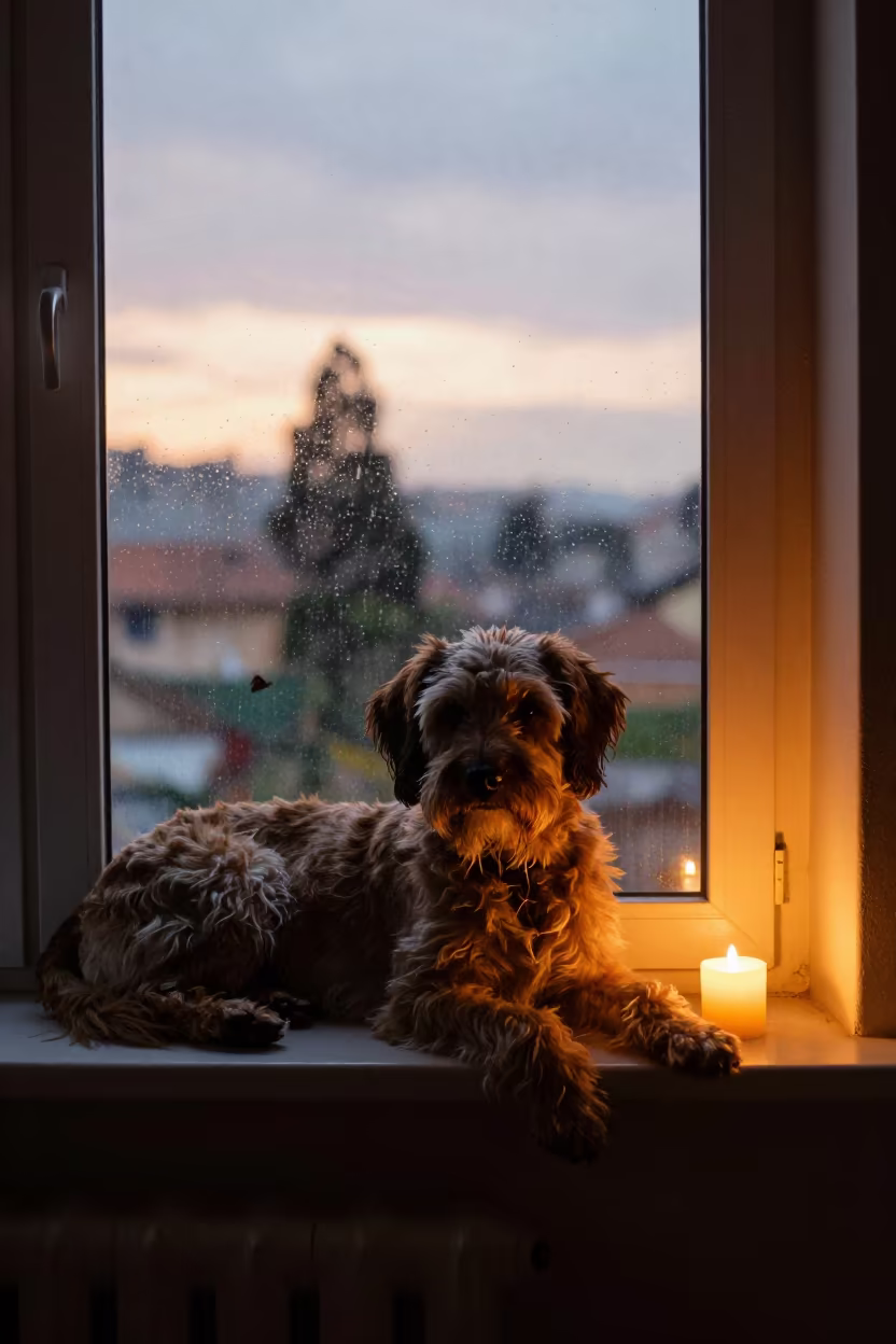 Spanish Water Dog on Kigali Window Seat in on a window seat in a quiet apartment with soft side light near Kigali