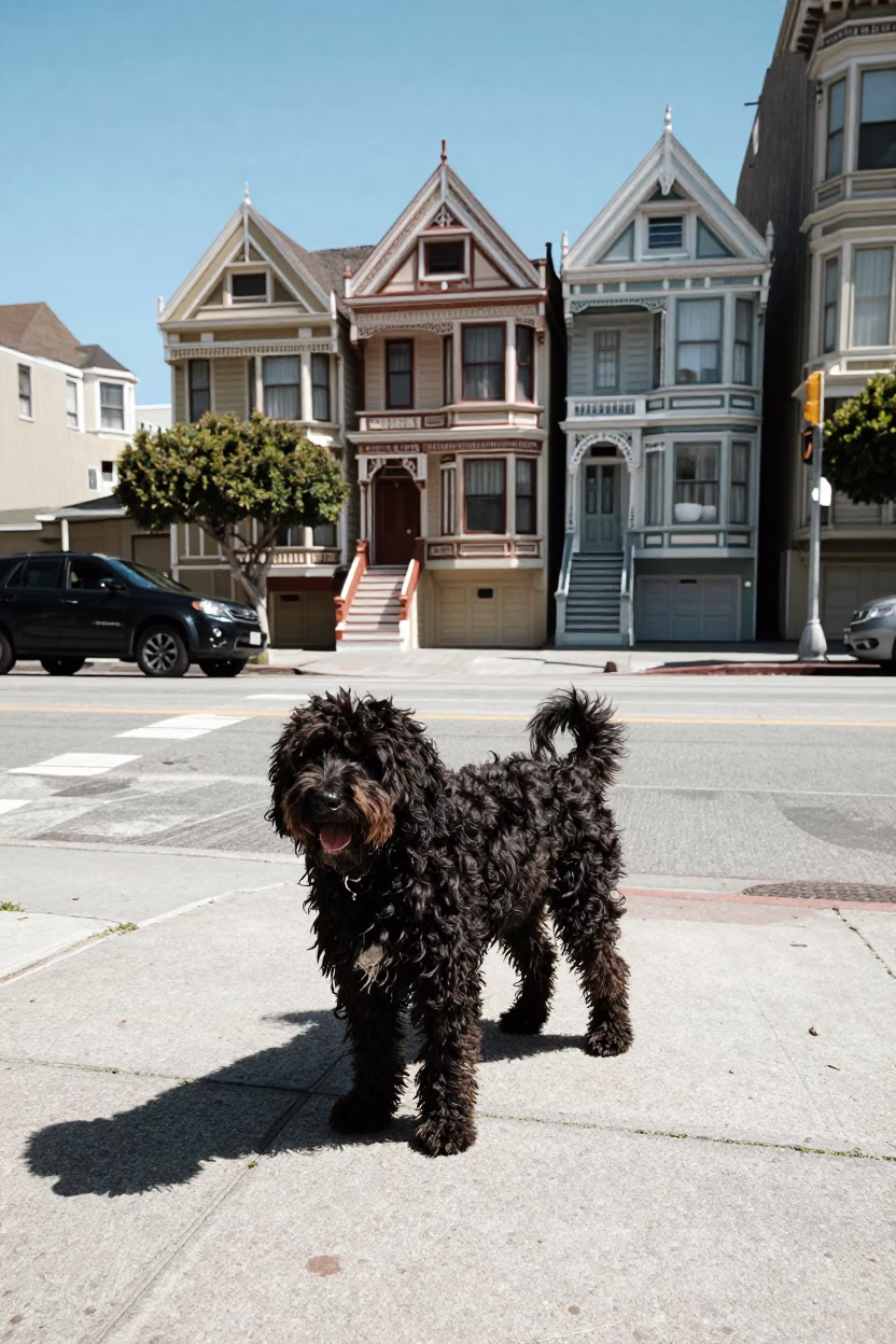 Spanish Water Dog on San Francisco Street Under Flat Noon Glare in in San Francisco, California, United States