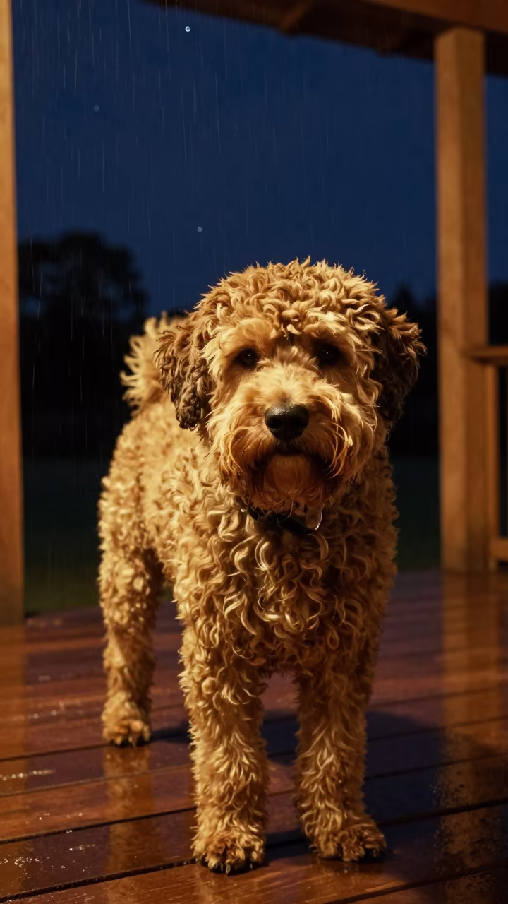 Spanish Water Dog on Shaded Bafoussam Porch at Night in on a shaded front porch with boards, railings, and eye-level framing near Bafoussam