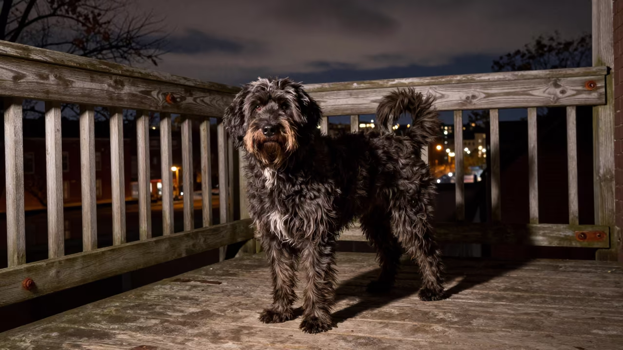 Spanish Water Dog on Shaded Pilsen Porch in on a shaded front porch with boards, railings, and eye-level framing in Pilsen, Chicago