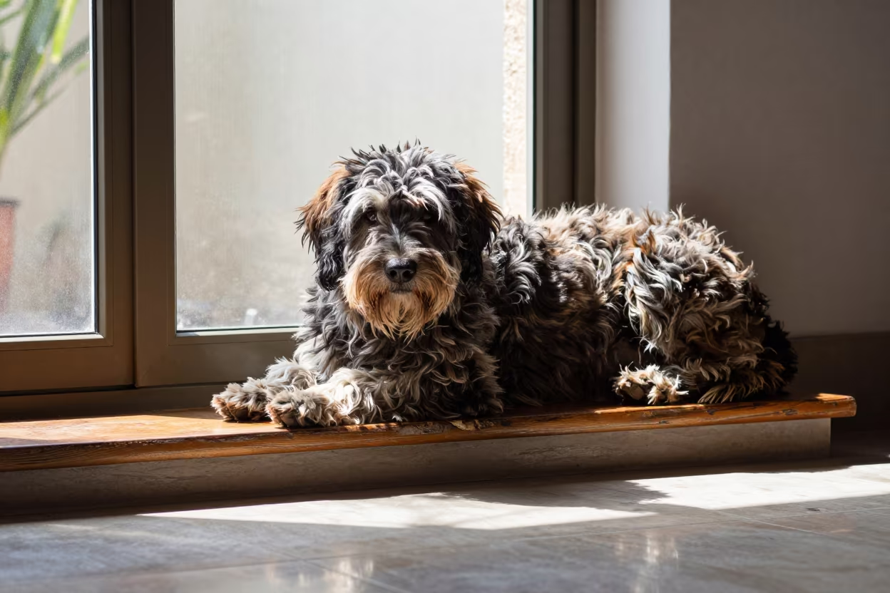 Spanish Water Dog on Window Seat in Valledupar in on a window seat in a quiet apartment with soft side light in Valledupar