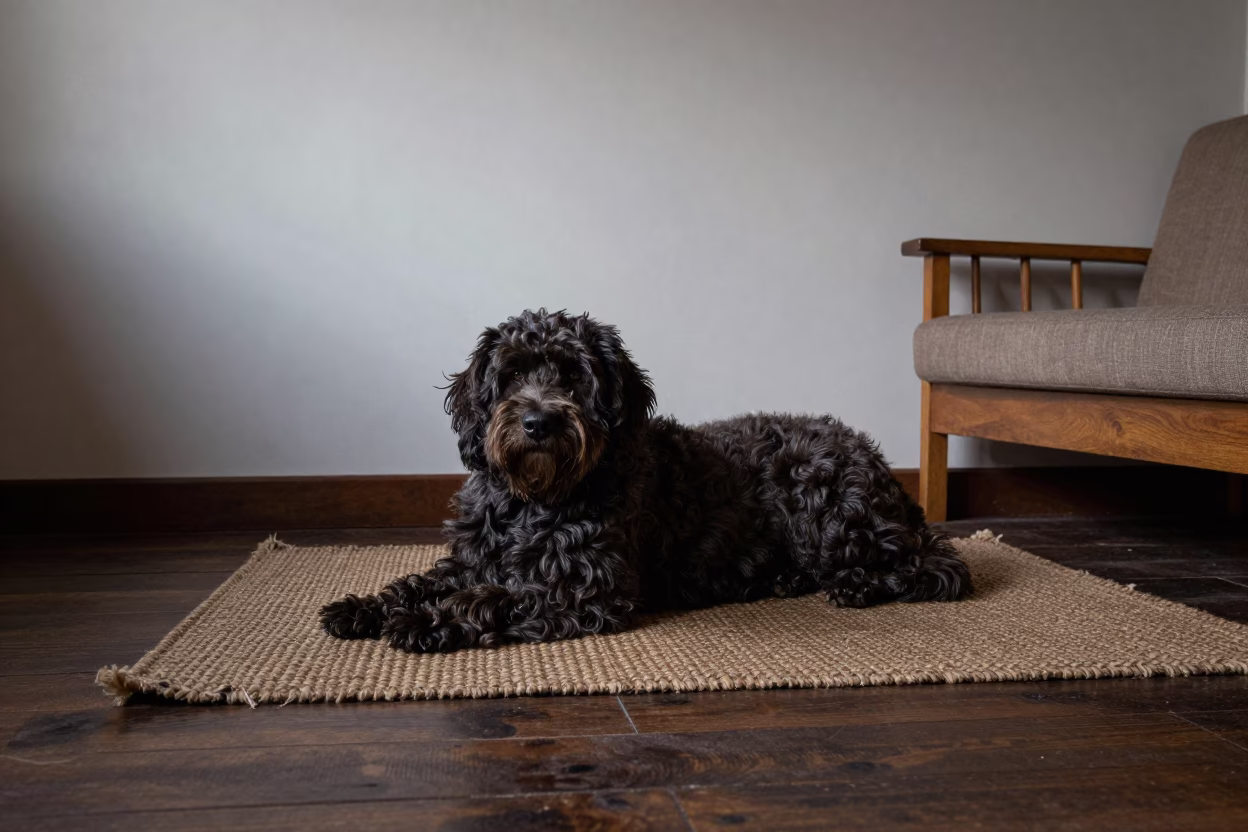 Spanish Water Dog on Woven Rug Beside Low Couch in on a woven rug beside a low couch and an uncluttered wall near Suzhou
