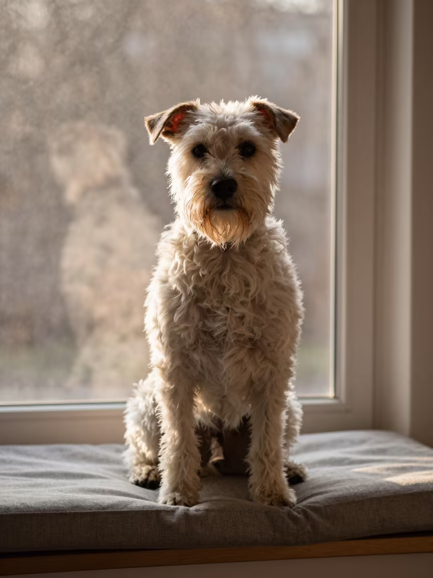 Spanish Water Dog Portrait Copper Light Kandy Window Seat in on a cushioned window seat with soft side light and an uncluttered background in Kandy