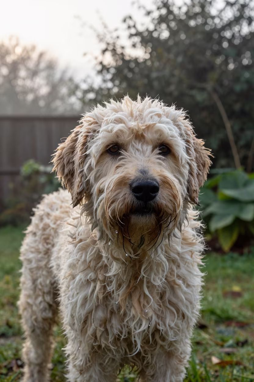 Spanish Water Dog Portrait in Cologne Garden Morning in near a garden edge with soft morning light and an uncluttered background in Cologne