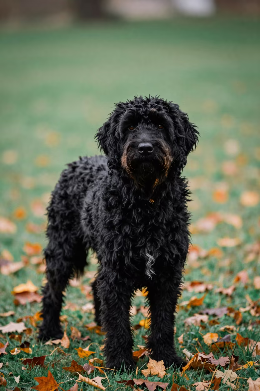 Spanish Water Dog Portrait in Debrecen Garden Light in near a garden edge with soft morning light and an uncluttered background in Debrecen