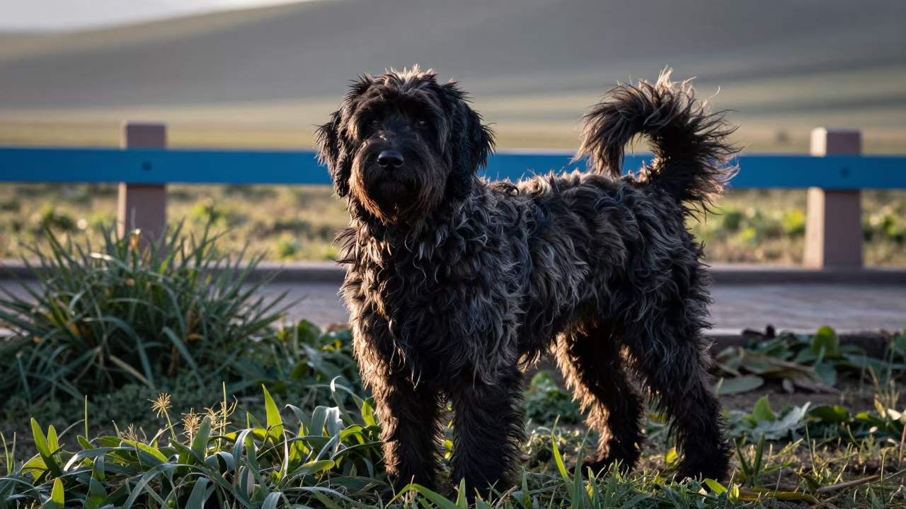 Spanish Water Dog Portrait in Golmud Garden Light in near a garden edge with soft morning light and an uncluttered background in Golmud