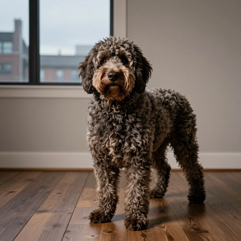 Spanish Water Dog Portrait in Ottawa Studio in in a quiet portrait studio with a plain backdrop and eye-level framing in Ottawa