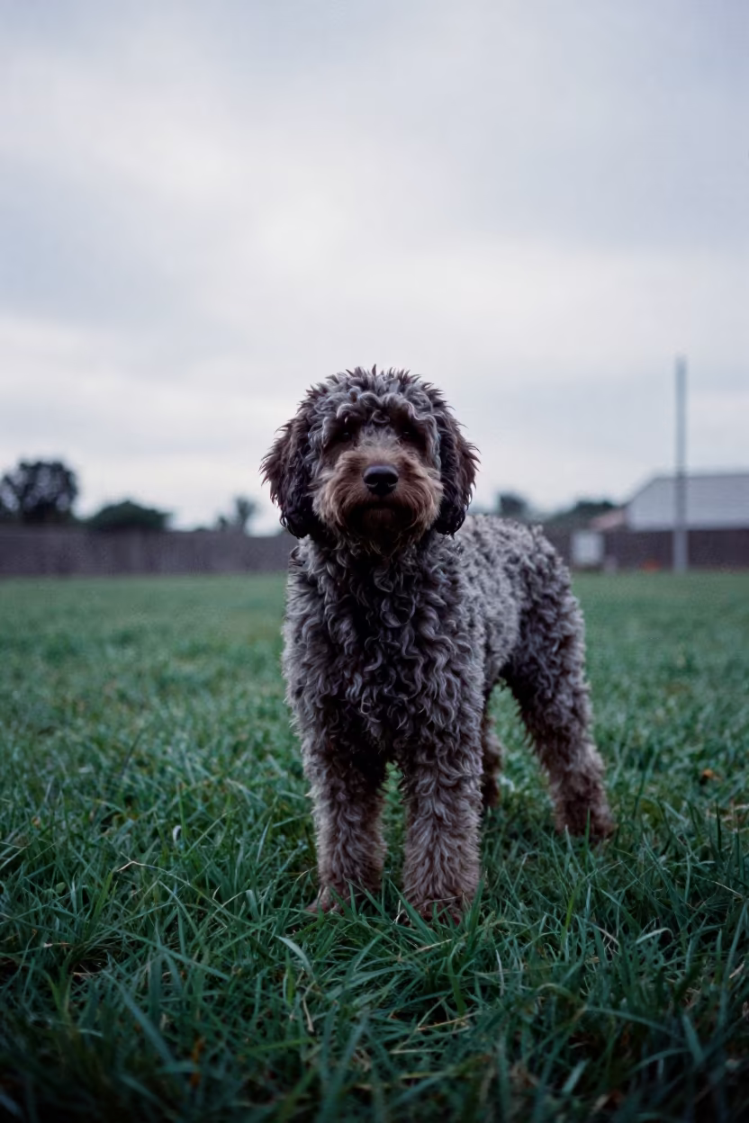 Spanish Water Dog Portrait in Pingtung Dawn Light in in a small yard with clipped grass, calm light, and the animal centered in frame in Pingtung
