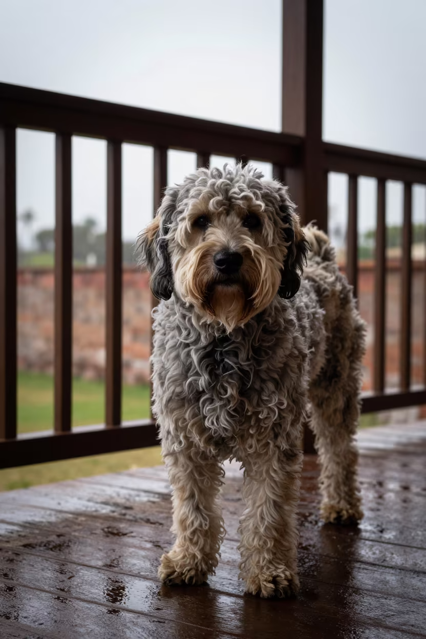 Spanish Water Dog Portrait on Doctores Porch in on a shaded front porch with boards, railings, and eye-level framing in Doctores, Mexico City