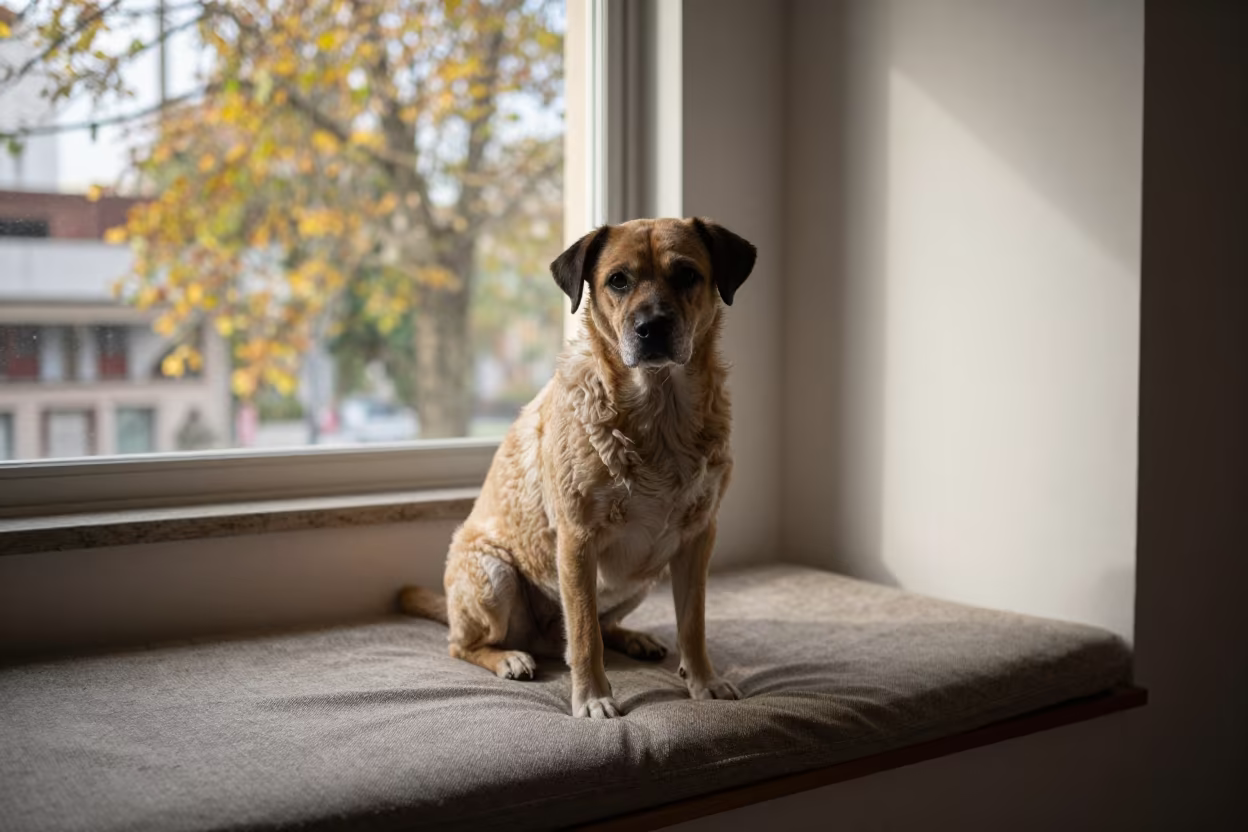 Spanish Water Dog Portrait on Porto Alegre Window Seat in on a cushioned window seat with soft side light and an uncluttered background in Porto Alegre