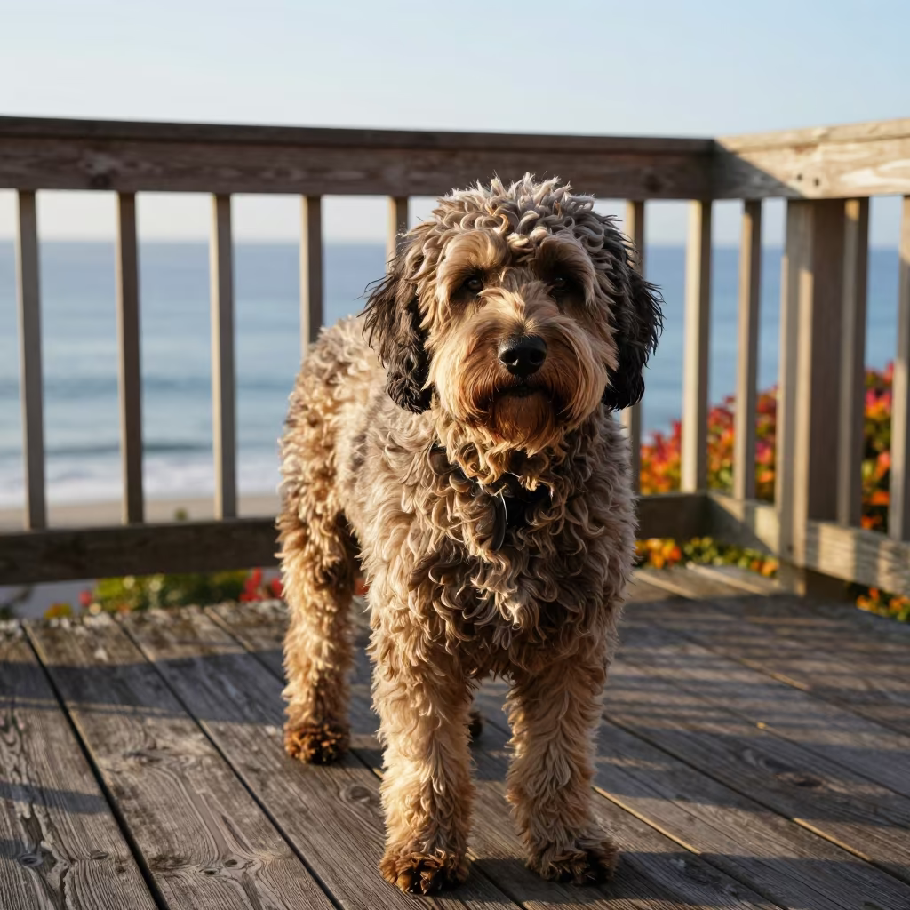 Spanish Water Dog Portrait on Santa Monica Porch in on a shaded front porch with boards, railings, and eye-level framing in Santa Monica, Los Angeles