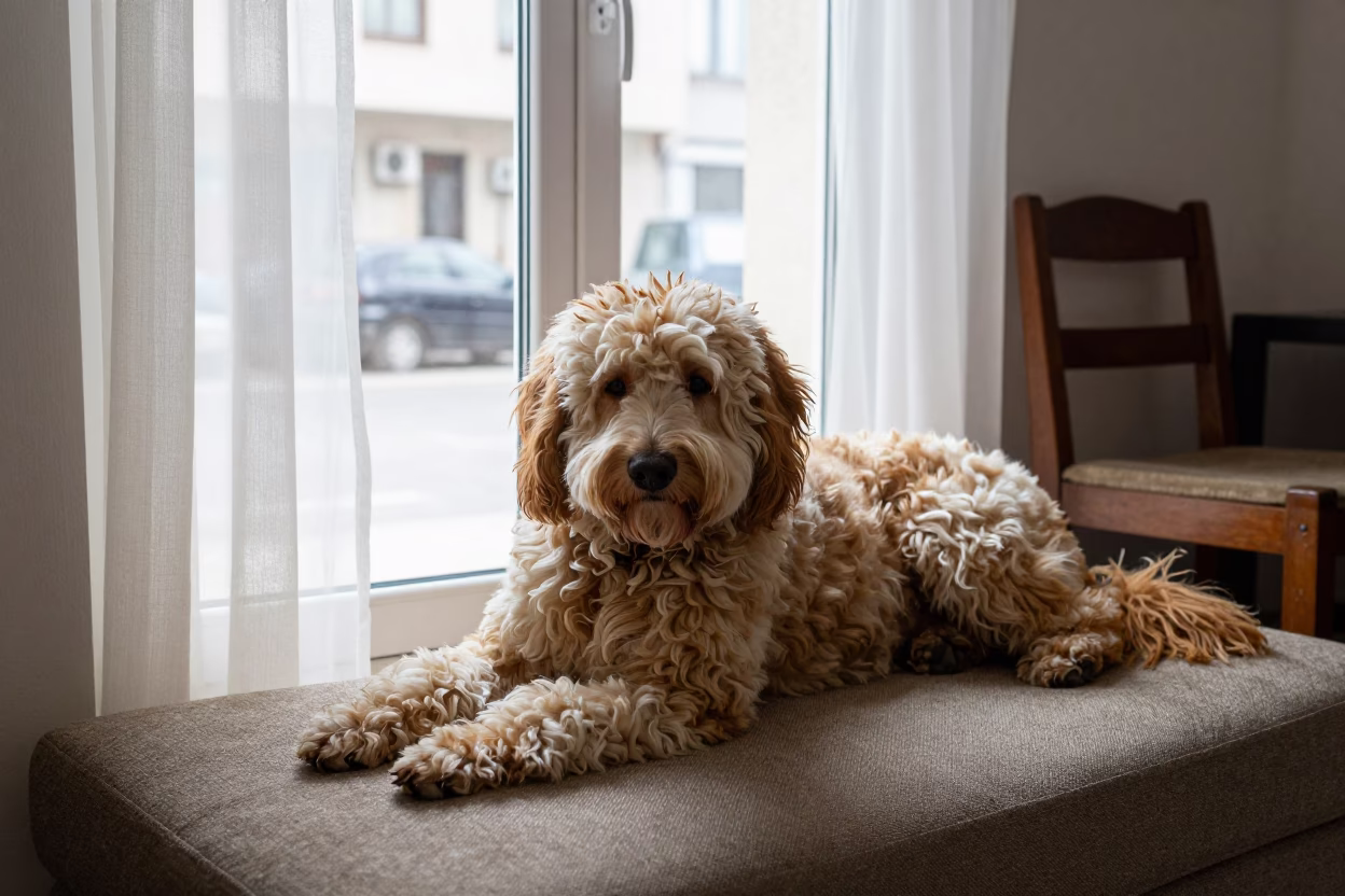 Spanish Water Dog Portrait on Sofa by Window in on a sofa near a curtained window with calm indoor light in Irbid