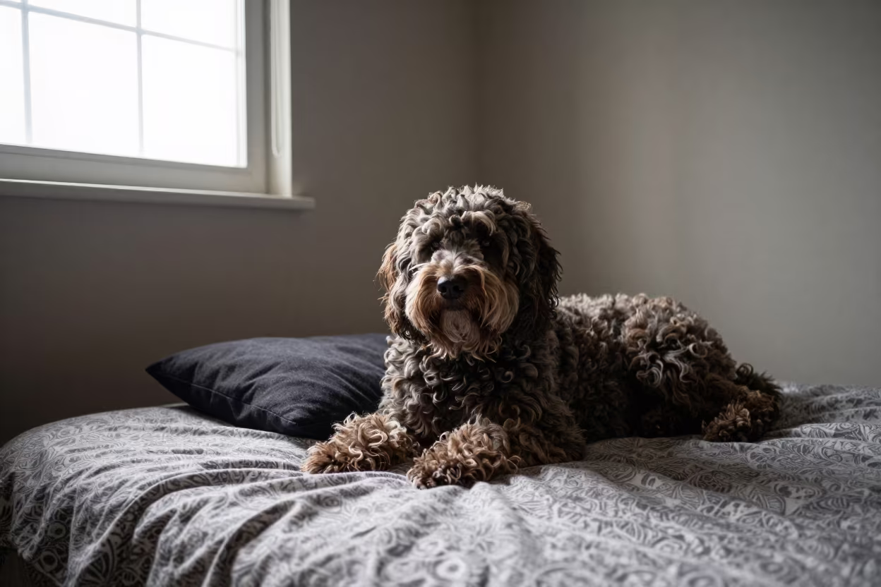 Spanish Water Dog Resting on Bedspread in on a bedspread near a bright window with calm indoor light in Mancherial