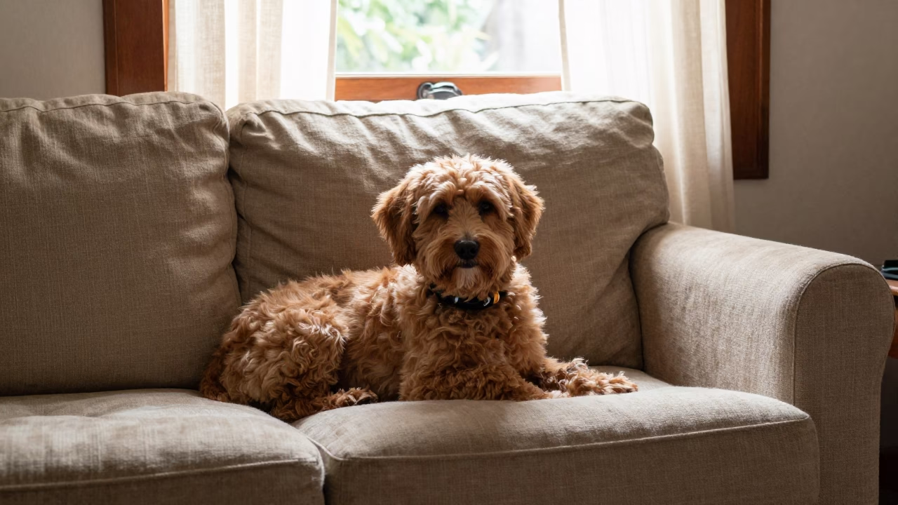 Spanish Water Dog Resting on Linen Sofa in on a linen sofa with daylight from a nearby window in Carúpano
