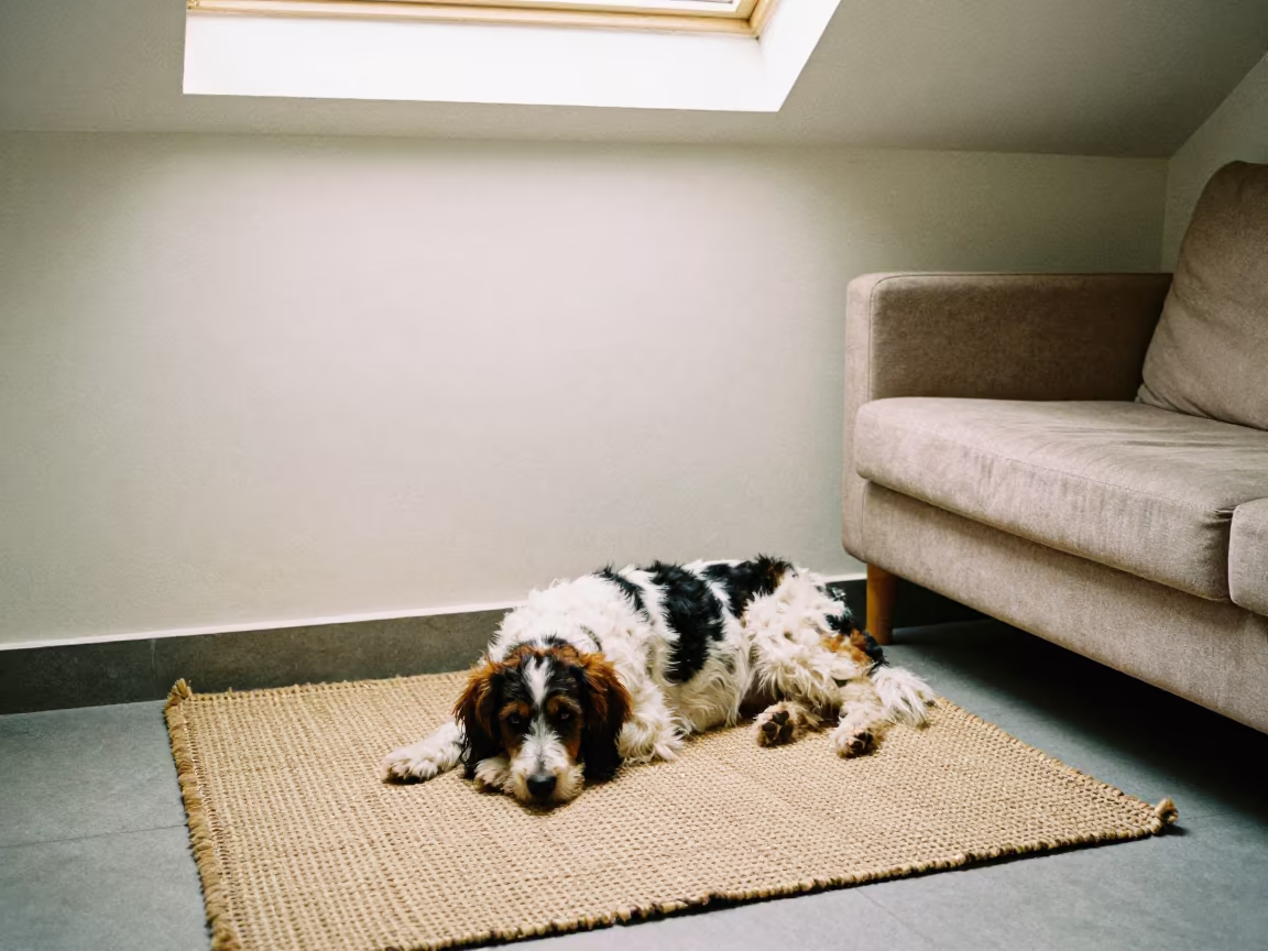 Spanish Water Dog Resting on Rug in on a woven rug beside a low couch and an uncluttered wall near Muzaffarpur