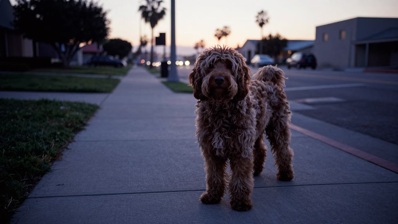 Spanish Water Dog Waiting on Los Angeles Sidewalk Before Sunrise in in Los Angeles, California, United States