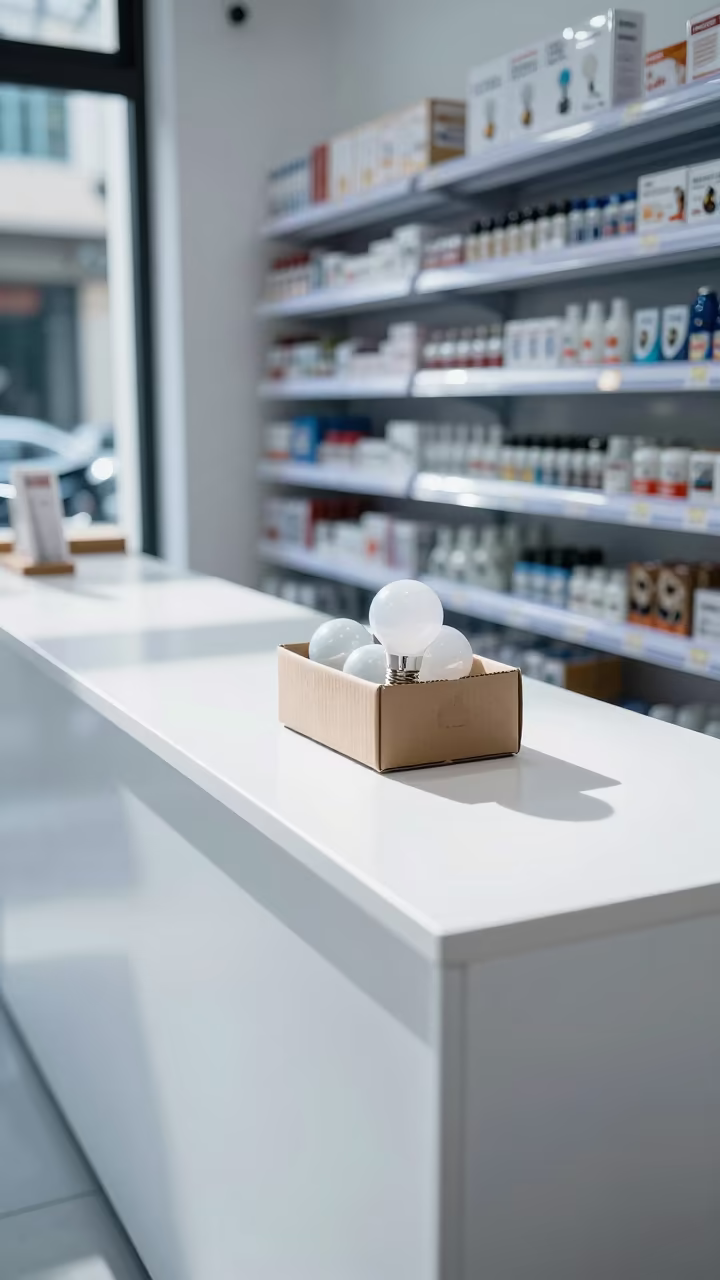 Spare Bulb Box Display in Hanoi Retail Store in inside a retail floor display area near Ba Dinh, Hanoi