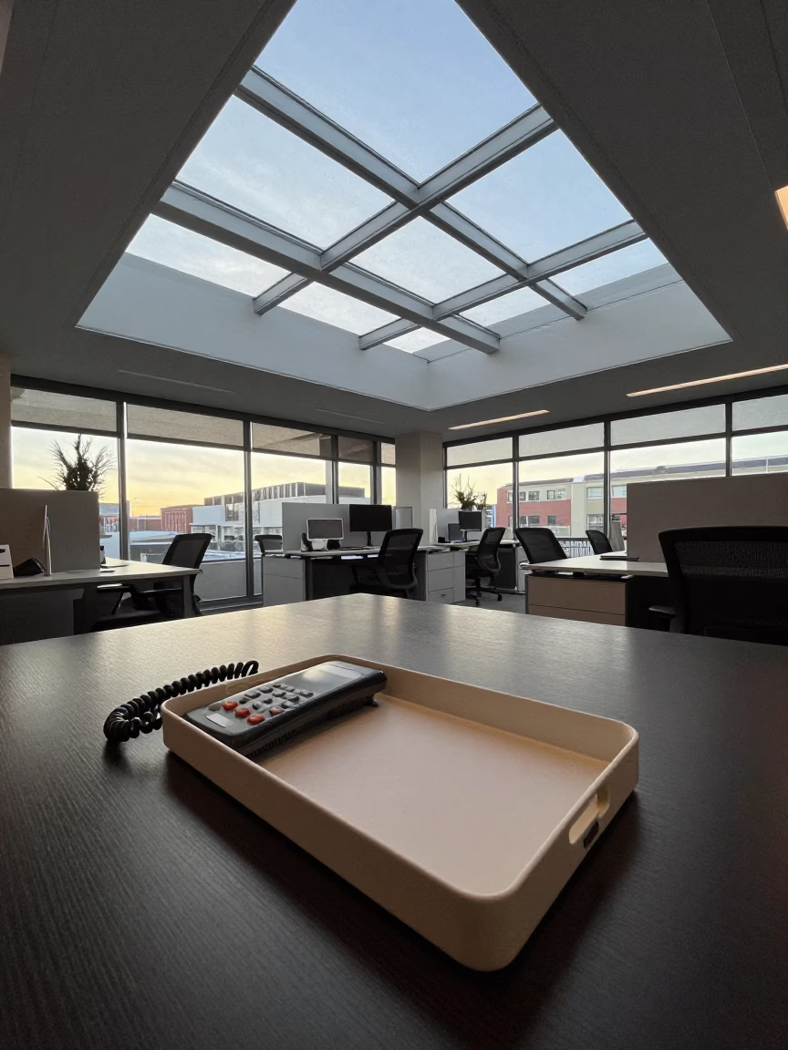 Spare Phone Tray on Denver Desk in Winter Light in inside a coworking floor in Denver