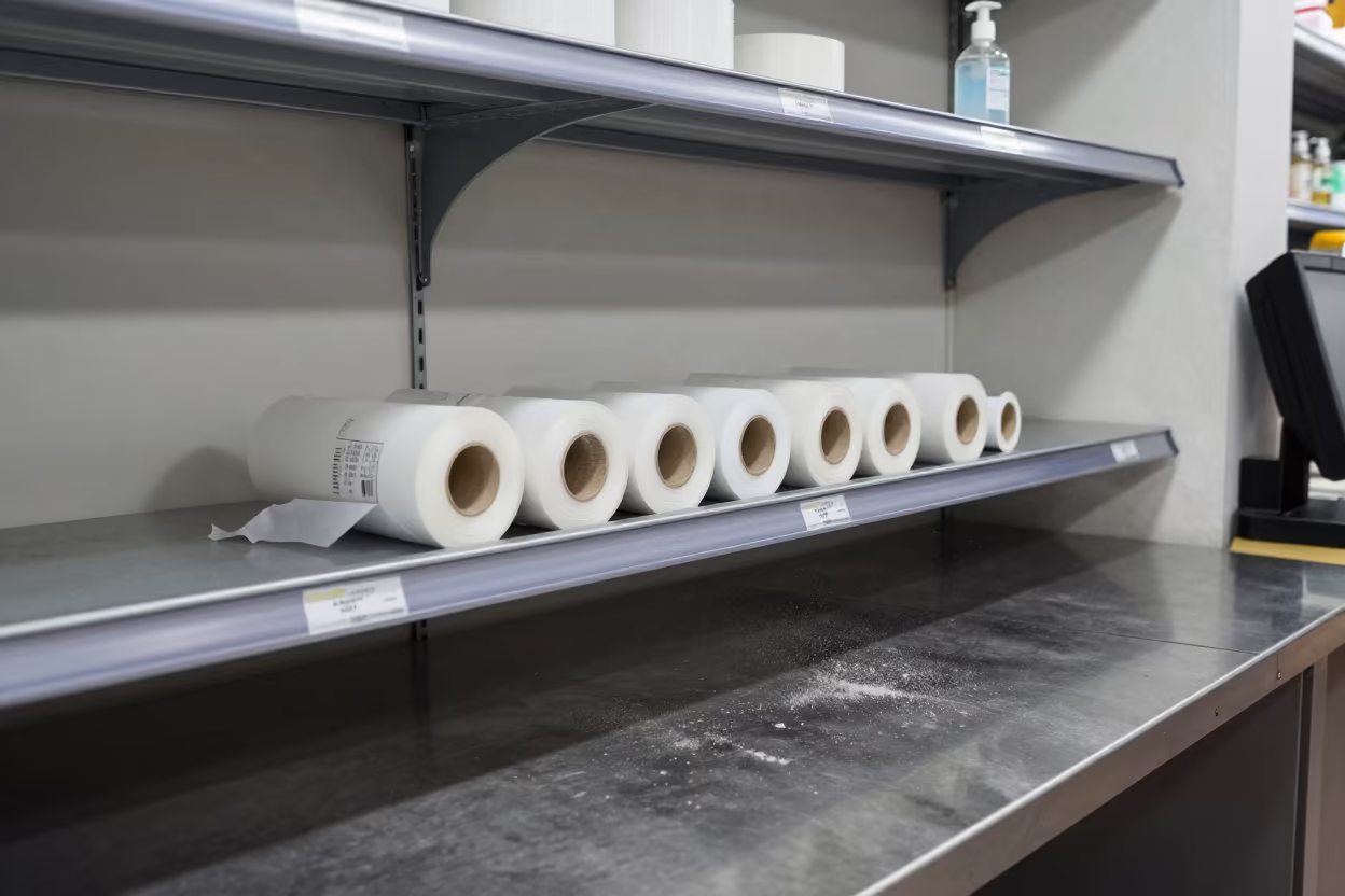 Spare Ribbon Shelf in Guayaquil Store in at a checkout lane under flat store light in Guayaquil
