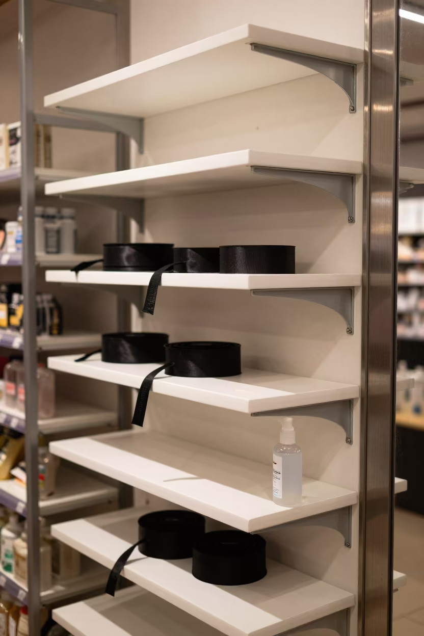 Spare Ribbon Shelf in Porto Amboim Retail Store in inside a bright retail aisle in Porto Amboim