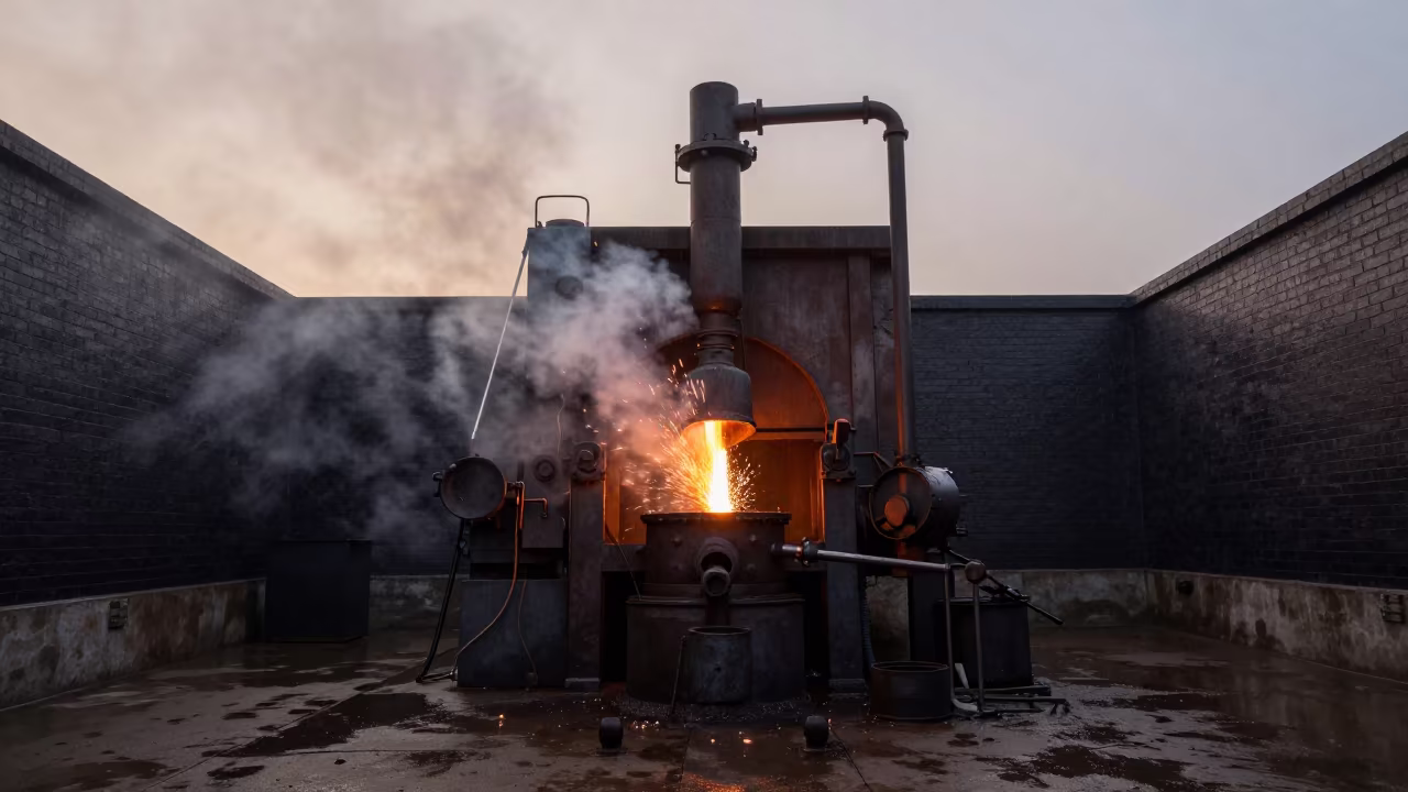 Spark Trail from Foundry Ladle at Dawn in in a machine shop near Maradi