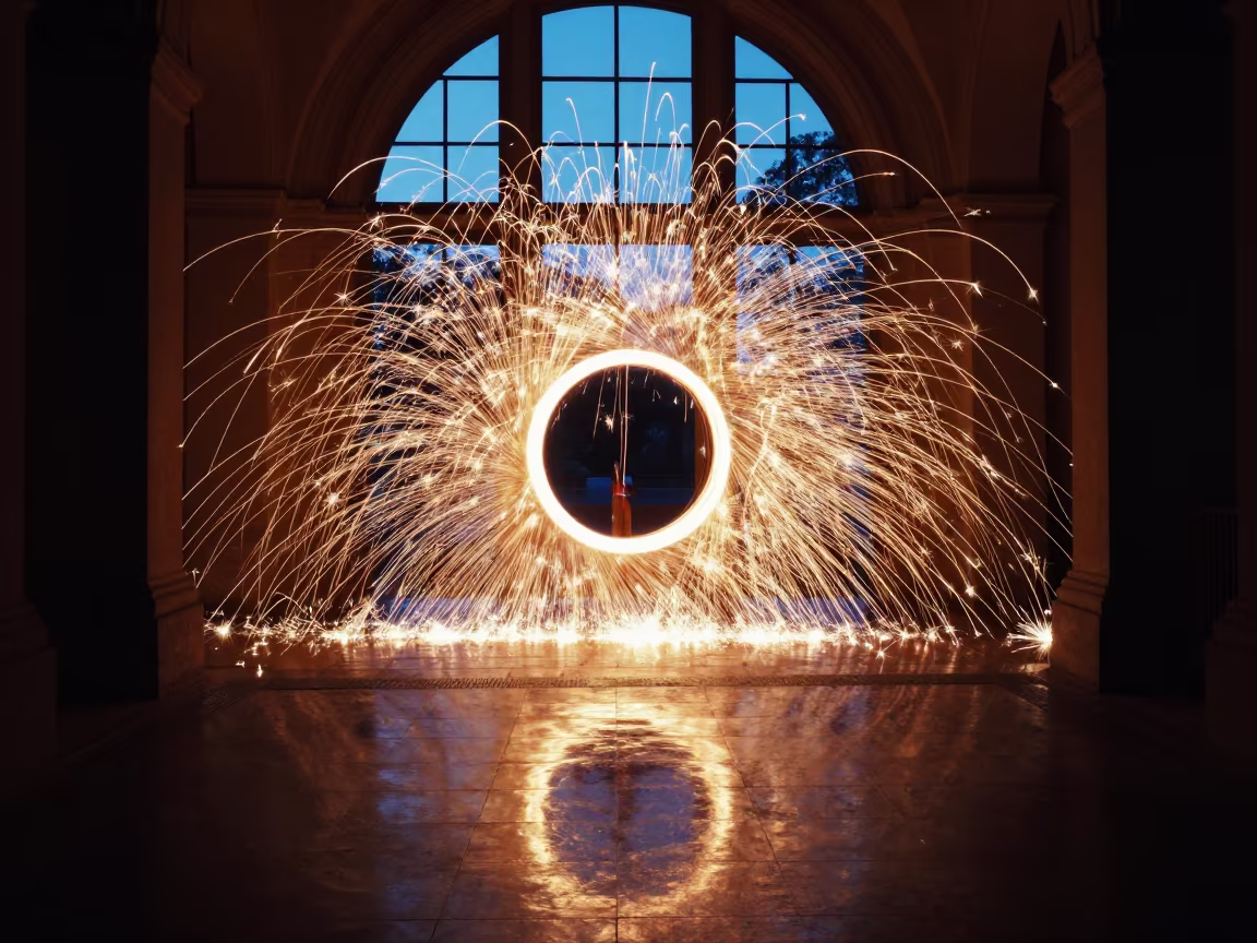 Sparkler Circle Neon Light San Luis Vault in inside a vaulted atrium in San Luis