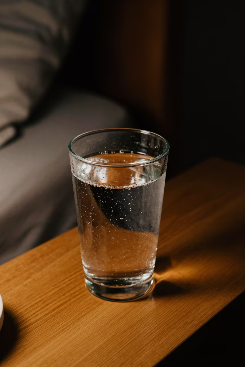 Sparkling Bubbles in Glass on Nightside Table in on a bedside table in Oradea