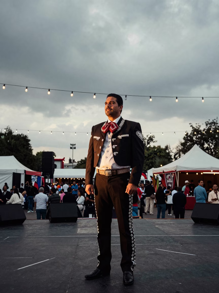 Sparkling Mariachi Jacket on Mexico City Festival Stage in on an outdoor festival stage in Mexico City