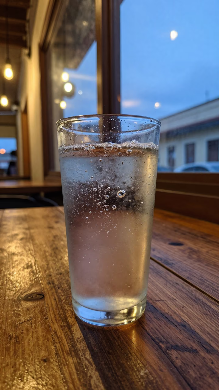 Sparkling Water Bubbles in Cafe Glass in on a cafe table by a window near Santiago de Cuba