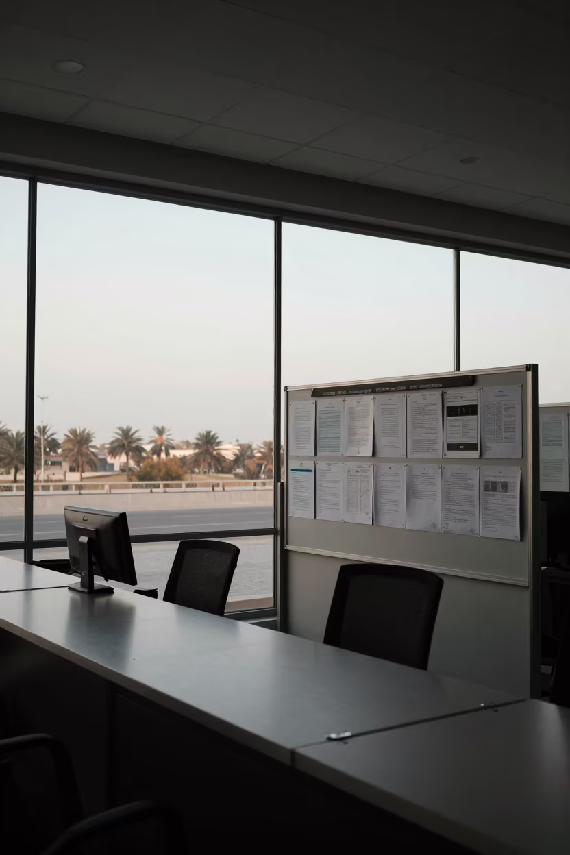 Sparse Bulletin Wall in Basra Operations Center in in an operations center under monitor glow near Basra