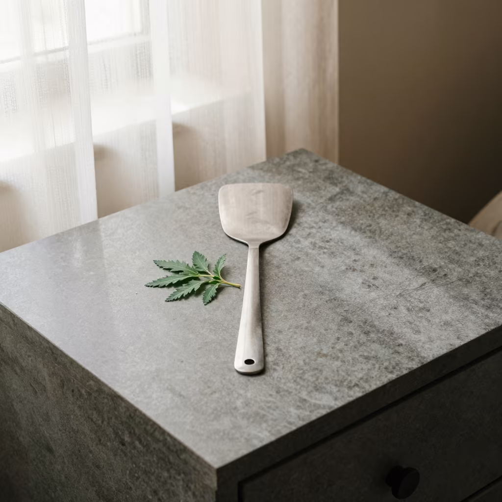 Spatula and Herbs on Soapstone in Dera Ghazi Khan in on a bedside table in Dera Ghazi Khan