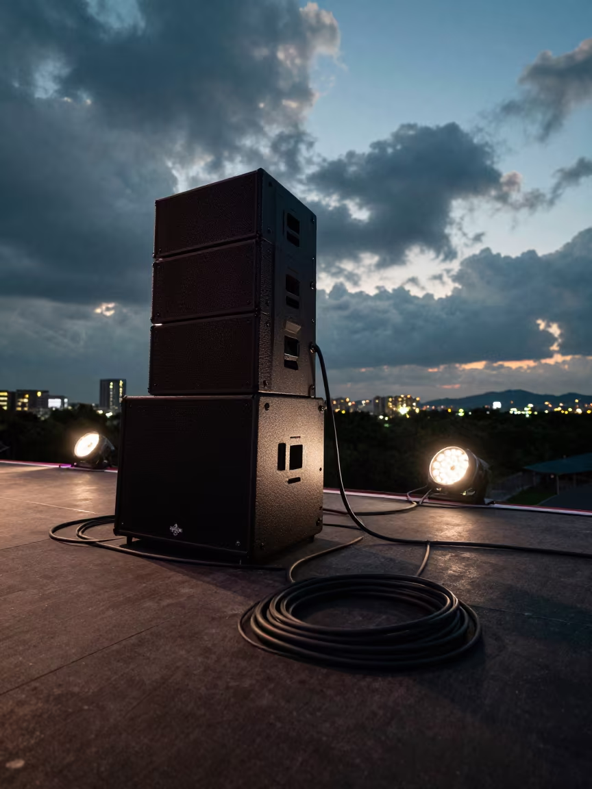 Speaker Stack and Cables on Dim Stage After Show in on a dimly lit stage in Urayasu