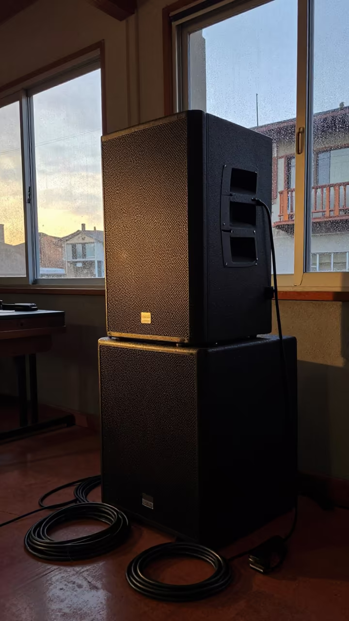 Speaker Stack Cables Honeyed Light Valparaiso Rehearsal in in a rehearsal room in Cerro Alegre, Valparaiso