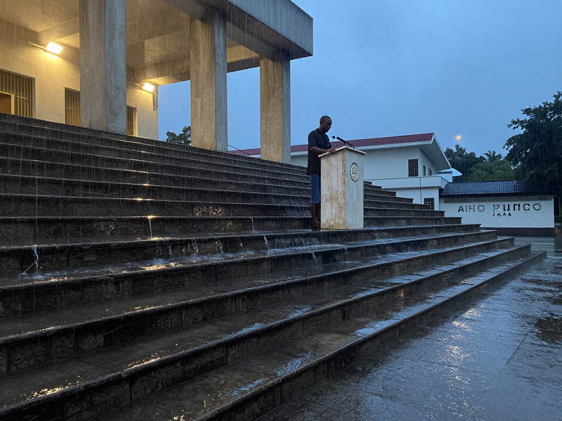 Speaker on Steps as Water Flows Uphill in beneath government building floodlights in Bailundo