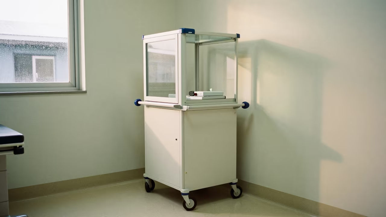 Specimen Courier Dolly in Symmetrical Clinic Hall in inside a clinic exam room near Seiyun