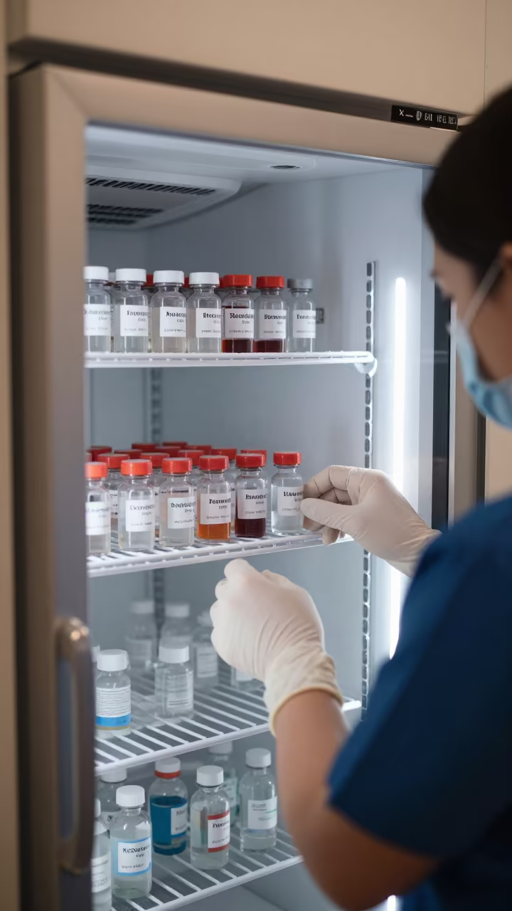 Specimen Fridge Shelf Nurse Station Tangier in at a nurse station under monitor glow in Tangier