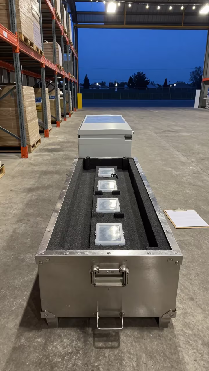 Specimen Lockbox Handoff in Tel Aviv Warehouse in inside a warehouse aisle near Florentin, Tel Aviv