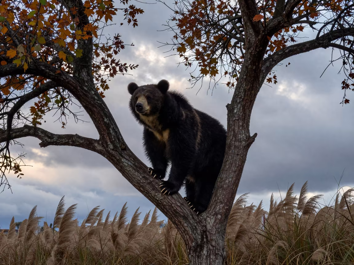 Spectacled Bear in Autumn Dawn Light in at the edge of a reed bed near Lublin