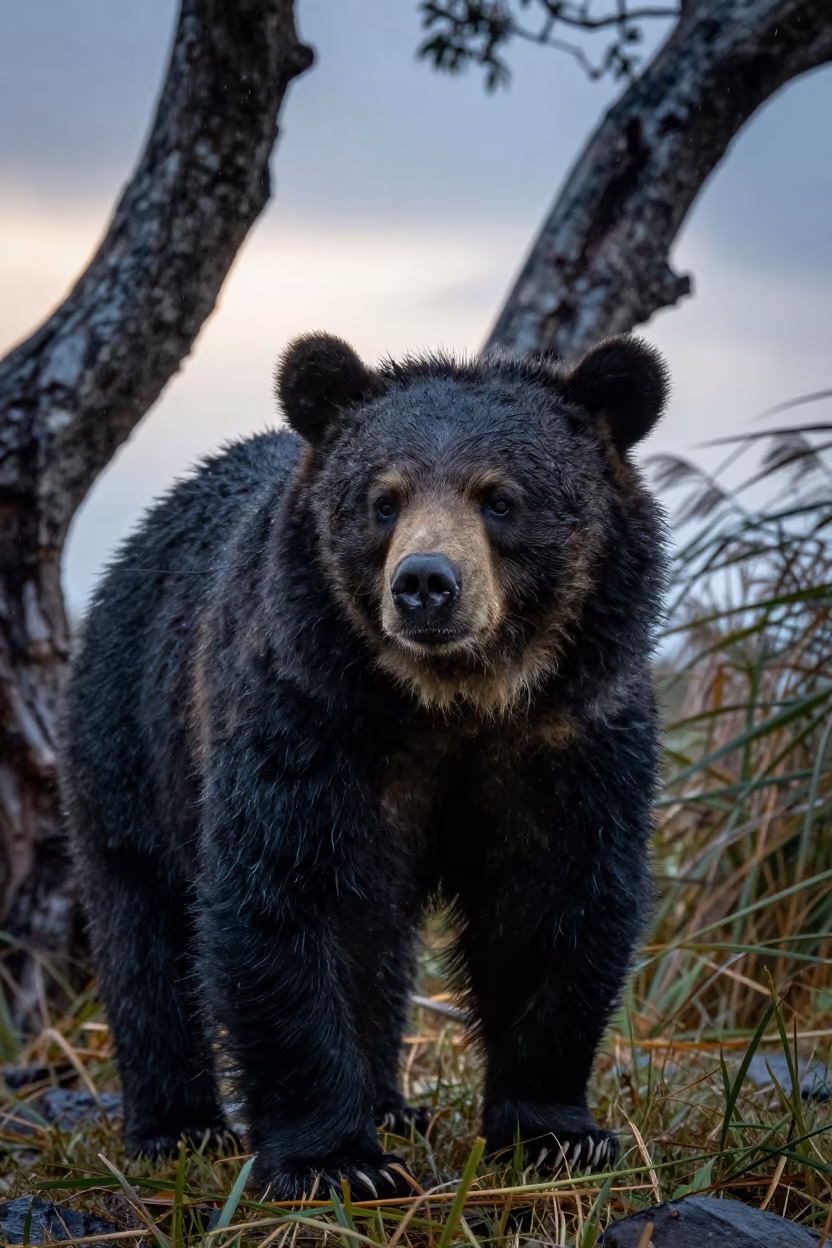 Spectacled Bear Monsoon Dawn Tibet Reed Bed in at the edge of a reed bed in Tibet