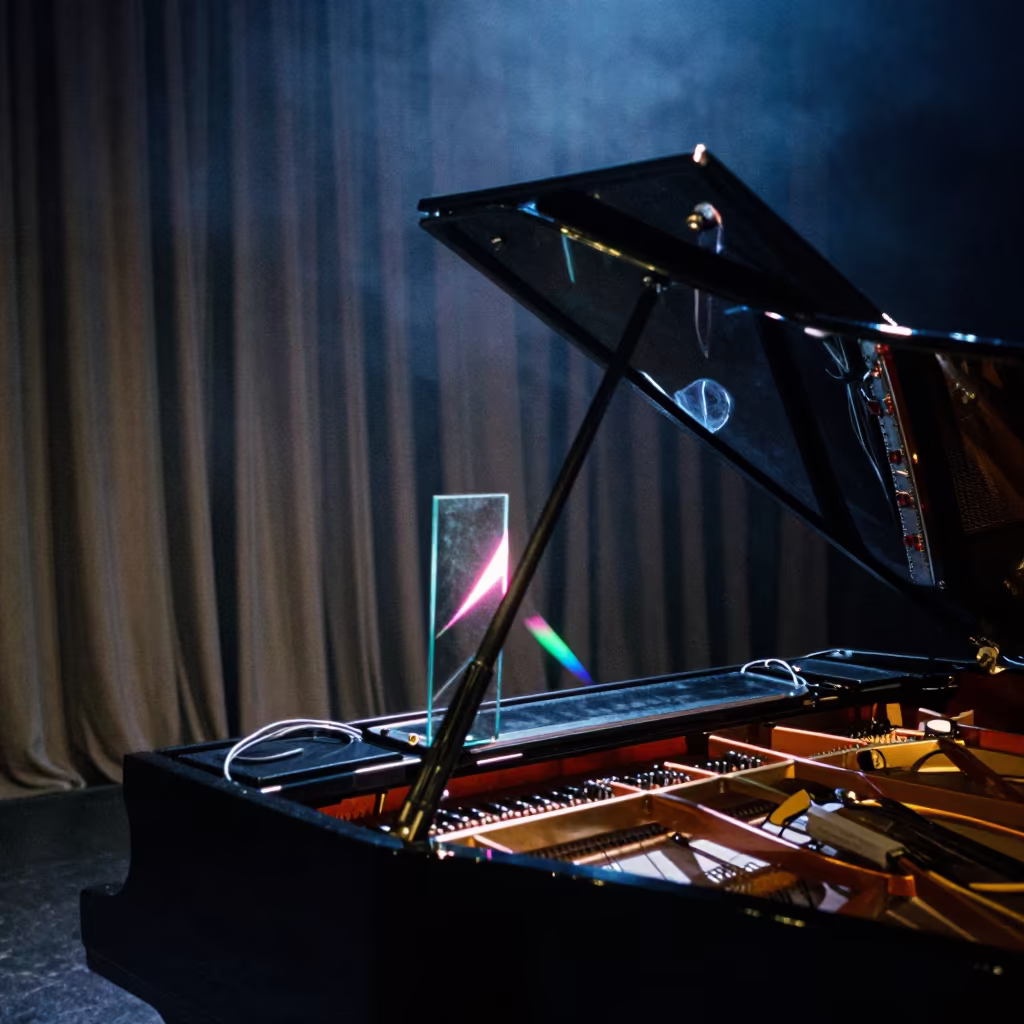 Spectral Prism Light on Piano Lid Midnight Stage in on a dimly lit stage in Santiago de los Caballeros