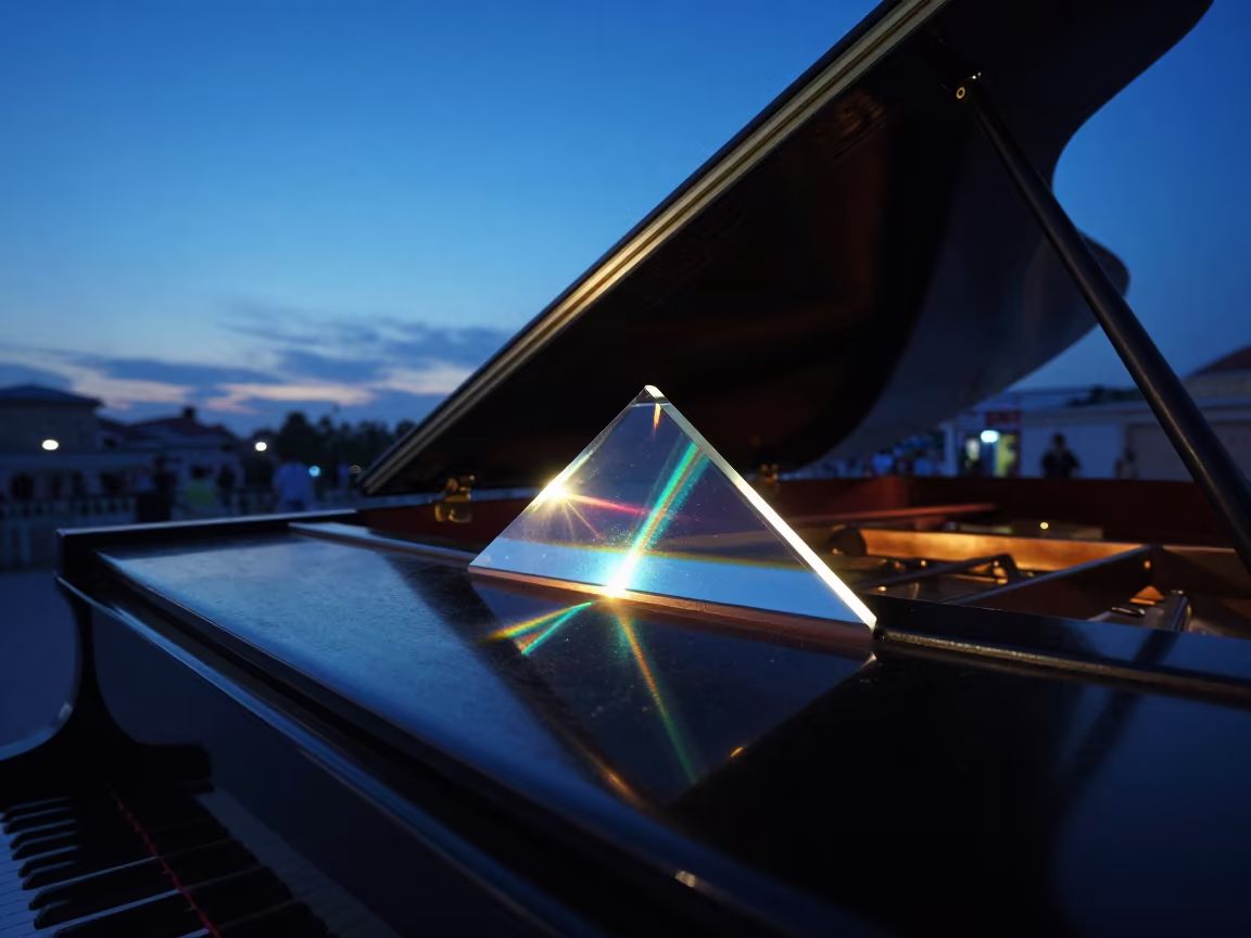 Spectral Prism Light on Piano Stage in on a dimly lit stage in Osmaniye
