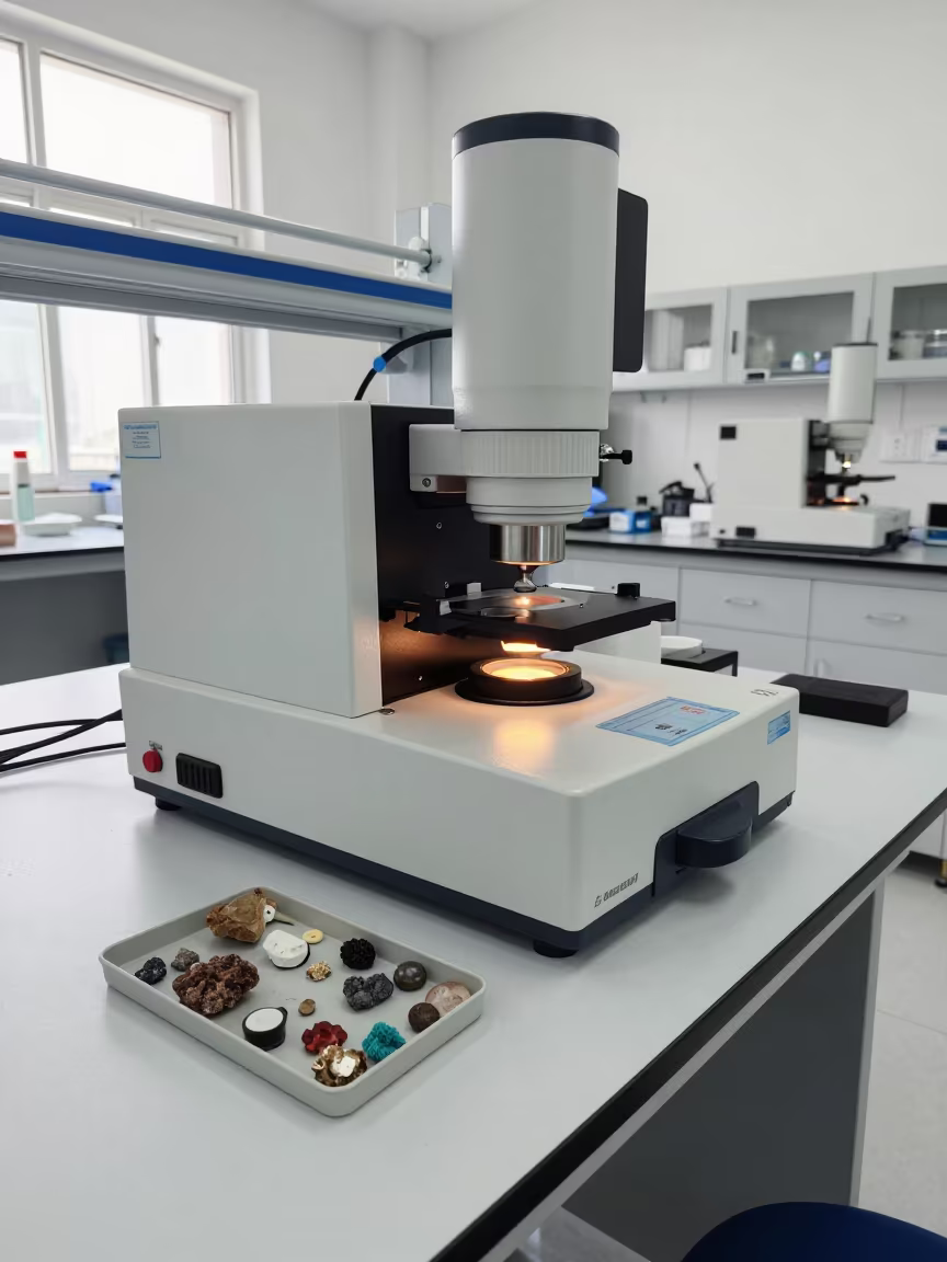Spectrometer Glowing Beside Mineral Samples in in a bright laboratory in Kot Addu