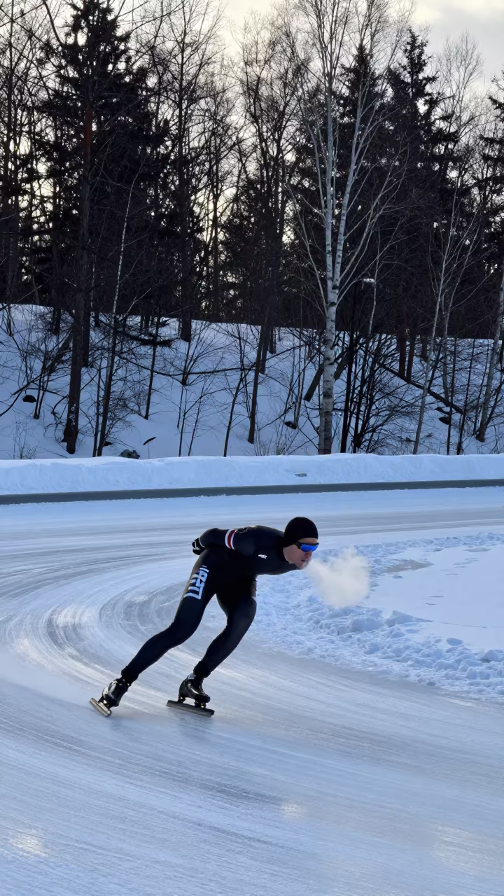 Speed Skater Cornering on Winter Hillside Near Tromsø in on a hillside near Tromsø