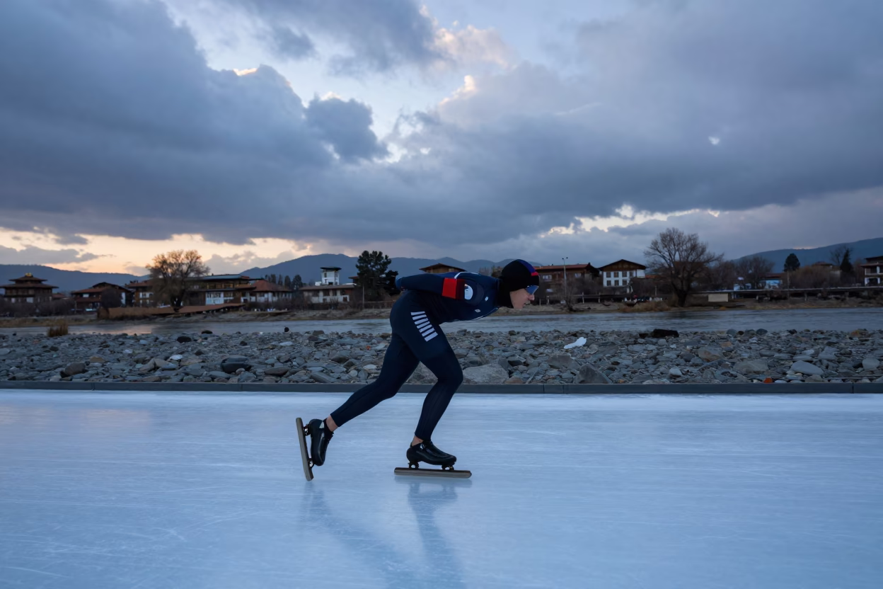 Speed Skater Leaning Curve Thimphu Blue Hour in by a riverbank near Thimphu