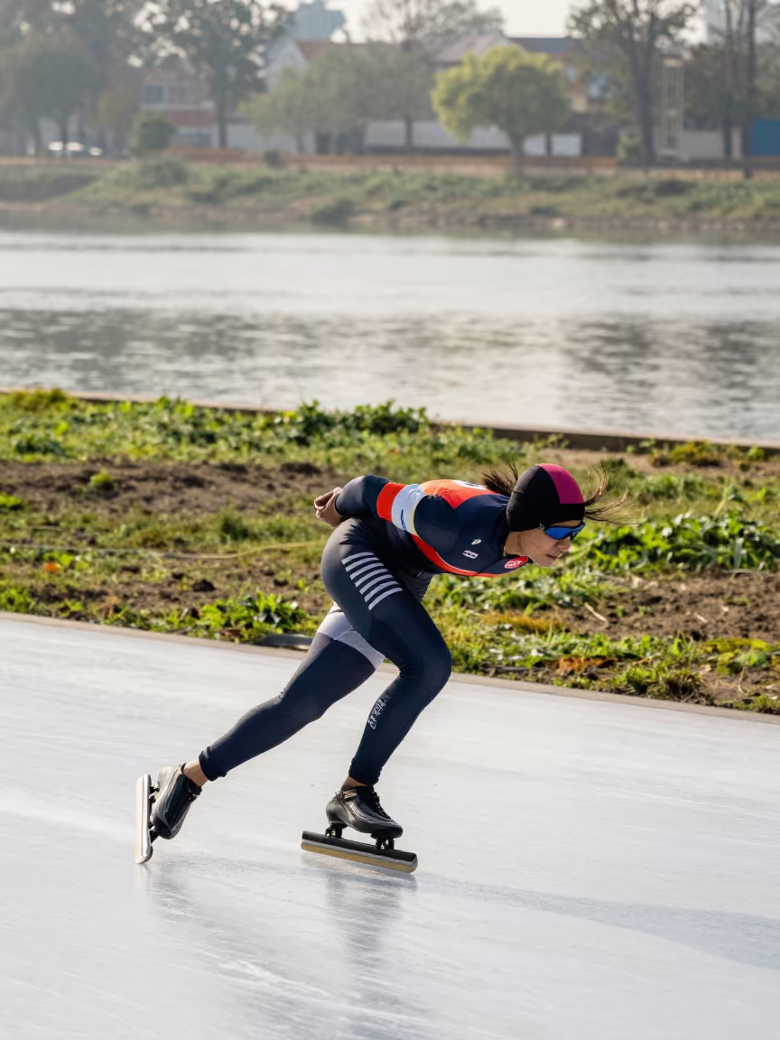 Speed Skater Leaning Into Turn in by a riverbank near Barishal