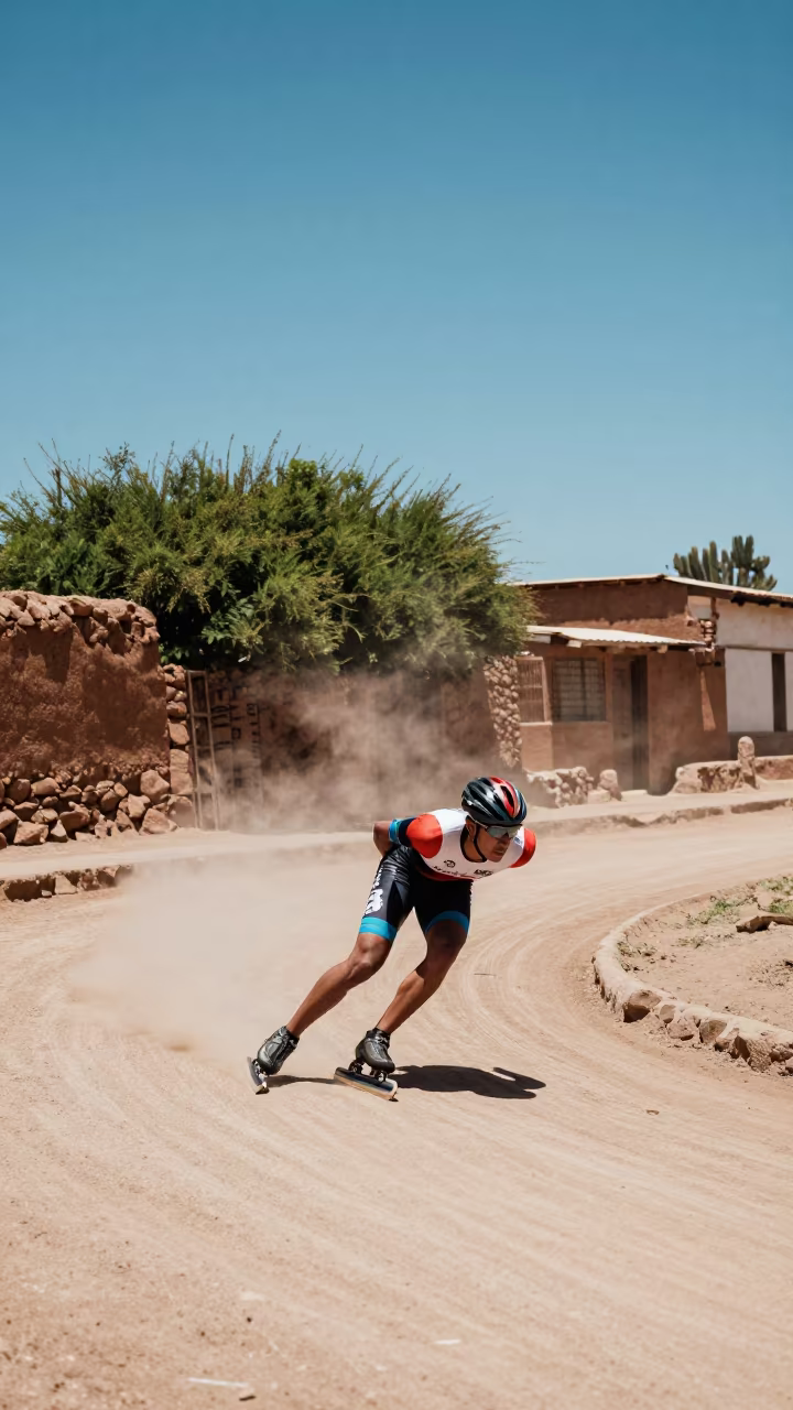 Speed Skater Leaning Into Turn Midday in in a village lane near Cochabamba