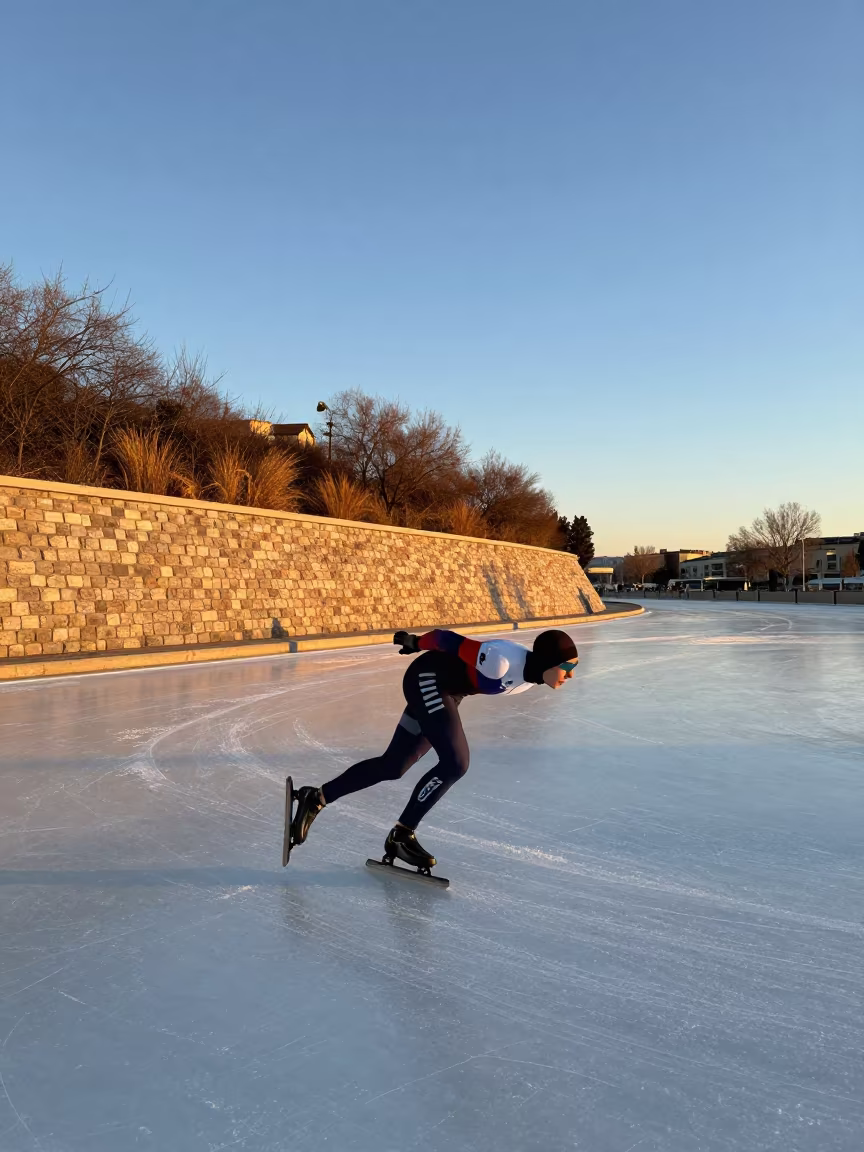 Speed Skater Leaning Monaco Riverbank Golden Hour in by a riverbank near Monaco