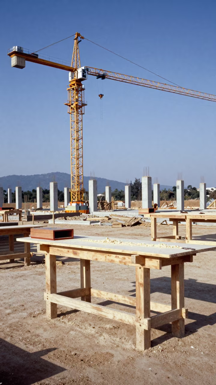 Speed Squares and Sawdust on Construction Bench in beneath a tower crane on open ground in Malaysia