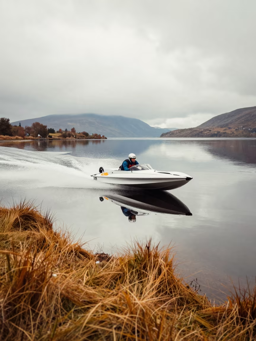 Speedboat Racing Across Highland Lake Causeway in on a wind-open causeway in the Scottish Highlands