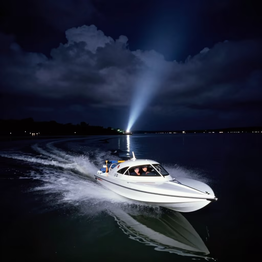 Speedboat Racing Under Lighthouse Beam Night in near Florianopolis